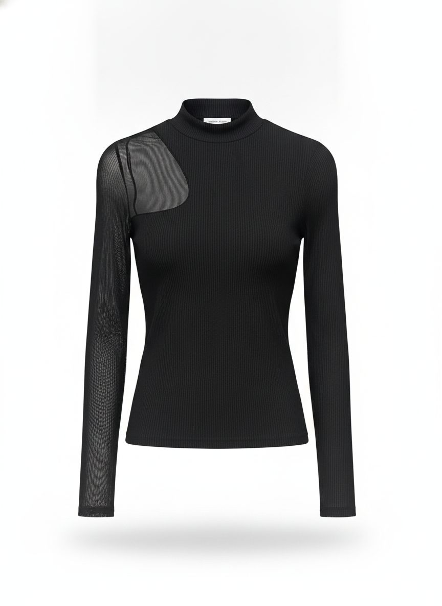 Blusa Manga Longa Canelada Com Tule
