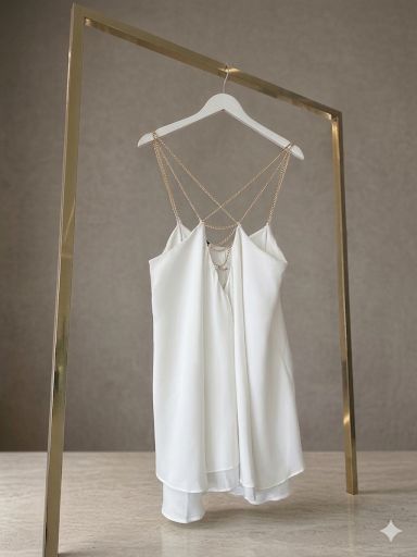 Vestido Padock branco da Lopz com detalhes de correntes douradas, estilo elegante e moderno para ocasiões especiais.