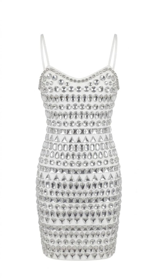 Vestido curto de acrílico e cristais da Wanessa Lopez Concept, com detalhes brilhantes e design elegante.
