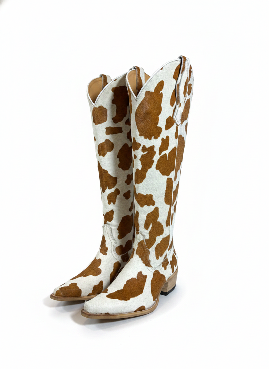 Bota animal print de couro da Wanessa Lopez Concept, com salto médio e detalhe de estampa de animal em couro natural.