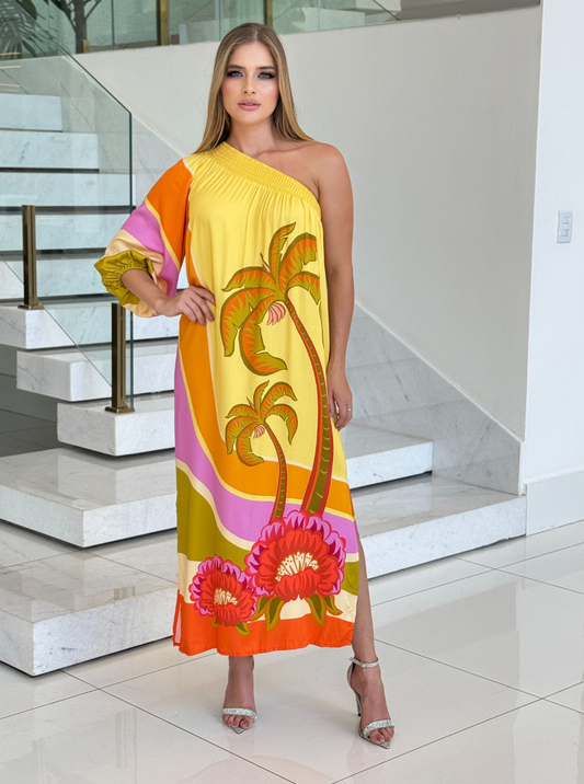 Vestido amarelo Farm Coqueiro Um Ombro, vestido feminino com alça única e estampa tropical, para looks leves e elegantes