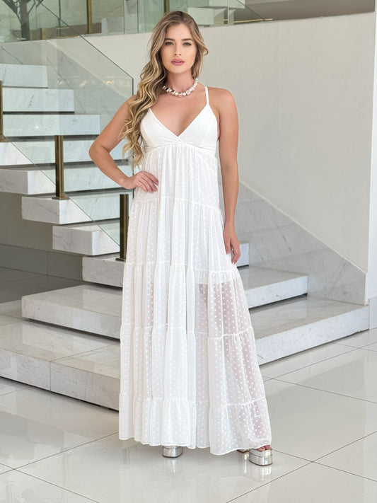 Vestido poá branco Lopz Anelise, vestido feminino com estampa de bolinhas, modelo elegante e confortável.