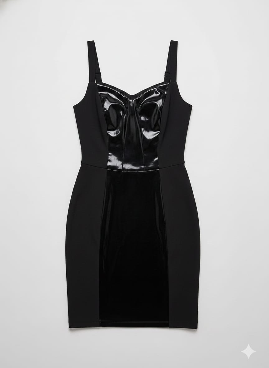 Vestido curto de vinil preto da Wanessa Lopez Concept, com acabamento brilhante e design moderno, em close na imagem.