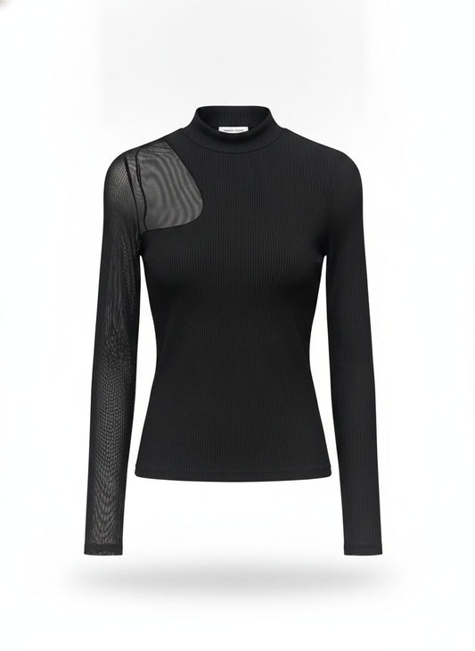 Blusa Manga Longa Canelada Com Tule