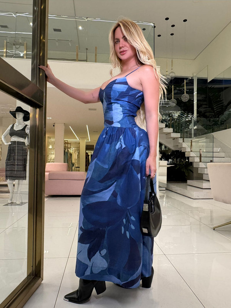 Vestido Aquarela Floral Azul