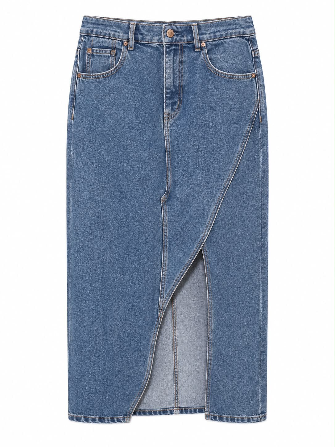 Saia Mídi Jeans com Fenda Lateral
