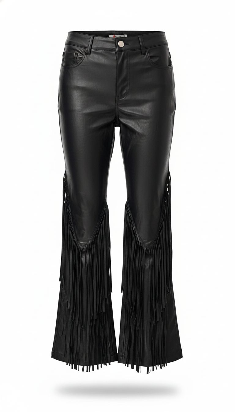 Calça de couro ecológico com franjas da Wanessa Lopez Concept, detalhes de acabamento e estilo moderno.