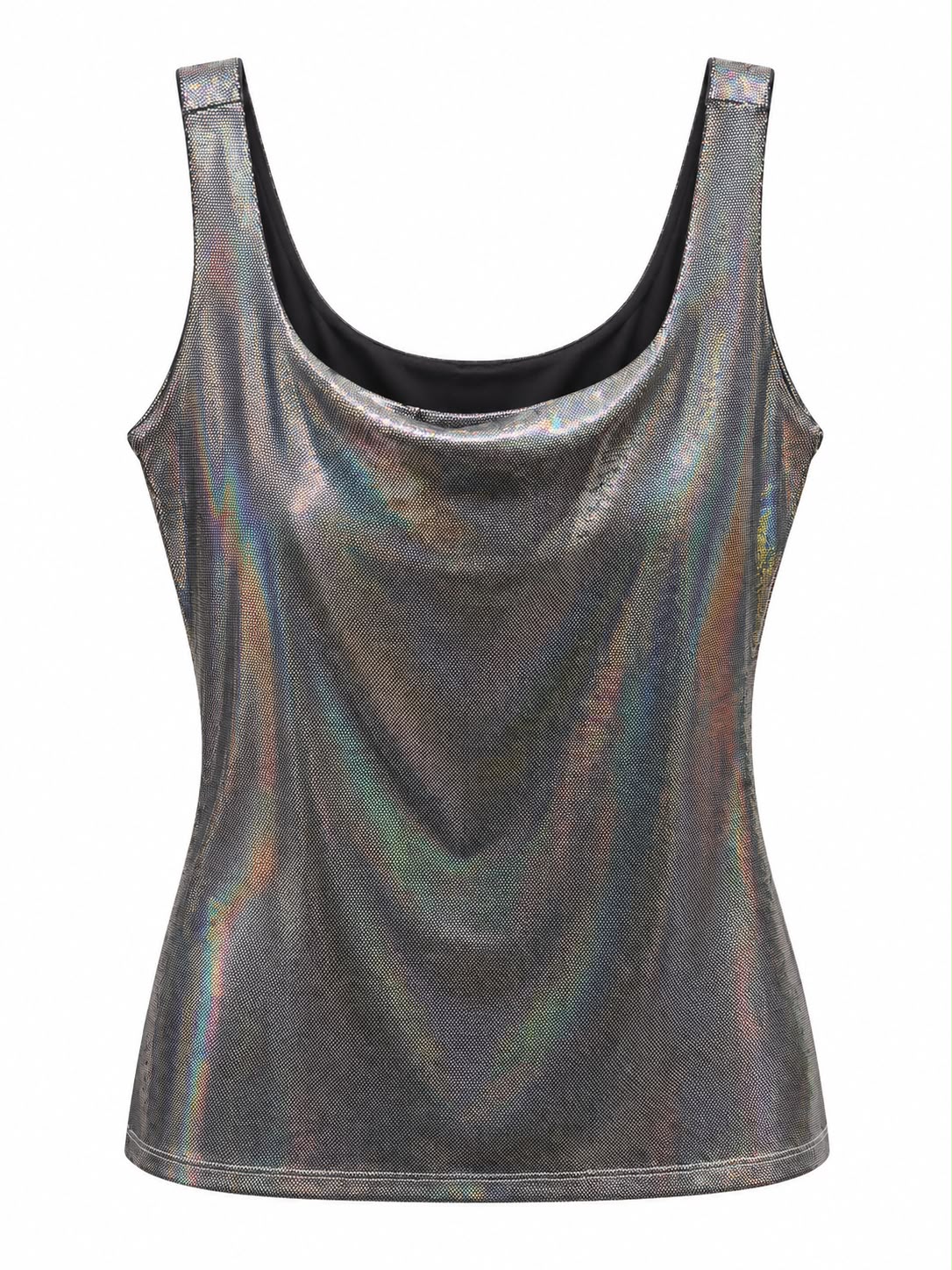 Blusa de alça Shine Lopz em tecido brilhante, vista frontal com caimento leve