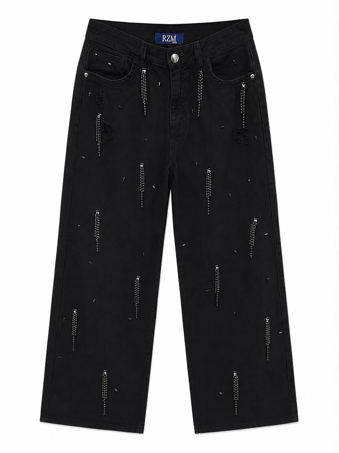 Calça Sarja Wide Leg Bordada em Cristais