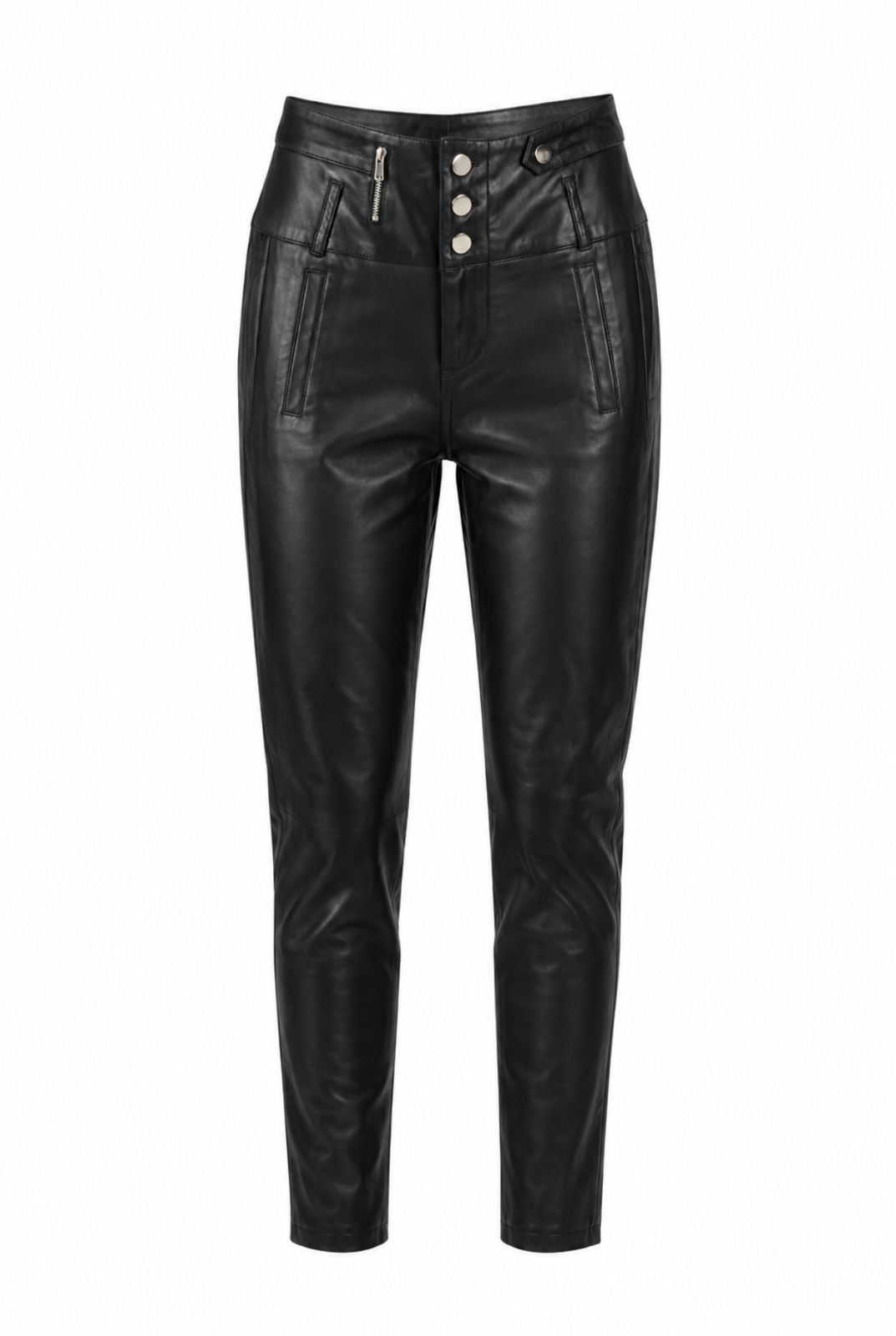Calça de couro ecológico com zíper lateral, da marca Wanessa Lopez Concept, exibida em imagem com detalhes de costura e acabamento.