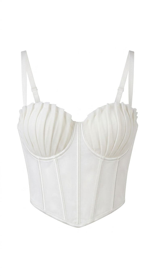 Corset off-white drapeado da Wanessa Lopez Concept, com detalhes elegantes e tecido suave, ideal para ocasiões especiais.