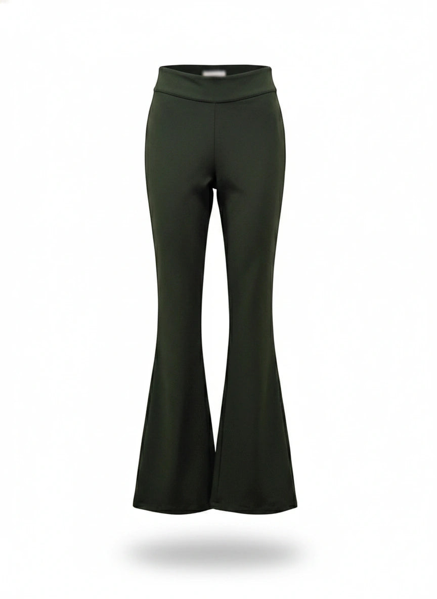 Calça flare Wanessa Lopez Concept em tecido preto, estilo ajustado na cintura e perna larga, vista frontal.