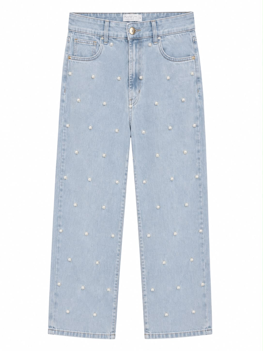 Calça Jeans Super Claro Bordado em Pérolas