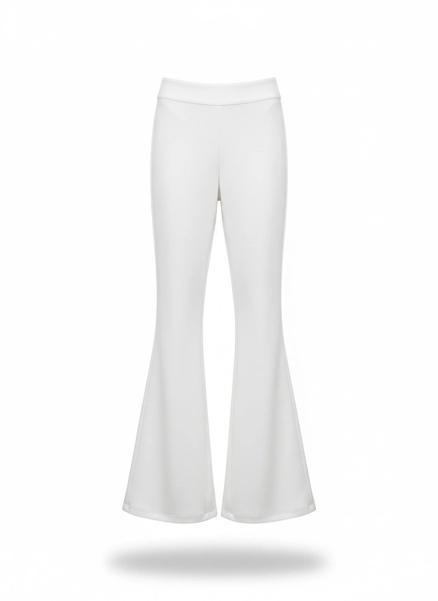 Calça flare Wanessa Lopez Concept, modelo sem categoria, em tecido preto com barra larga e ajuste na cintura.
