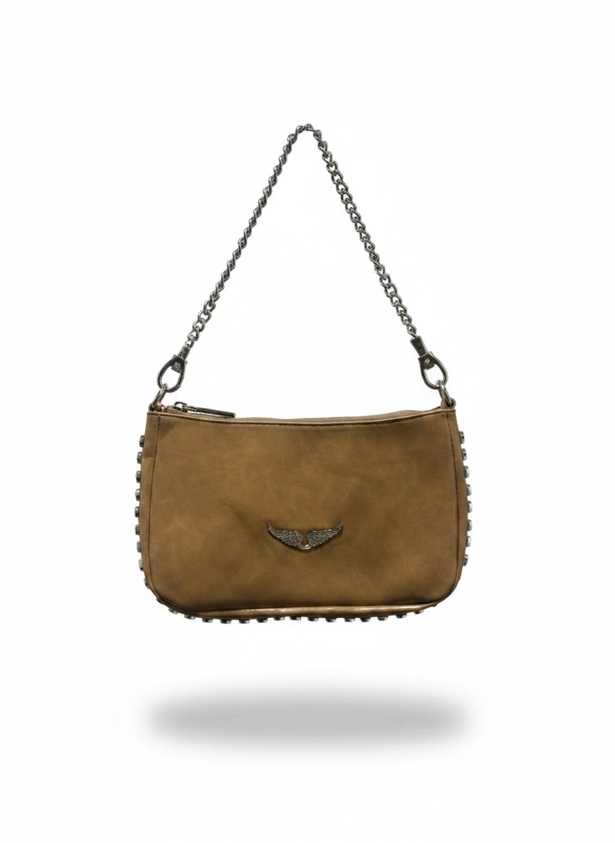 Bolsa feminina em couro ecológico com cristais, estilo elegante e moderno, da marca Wanessa Lopez Concept, vista frontal.