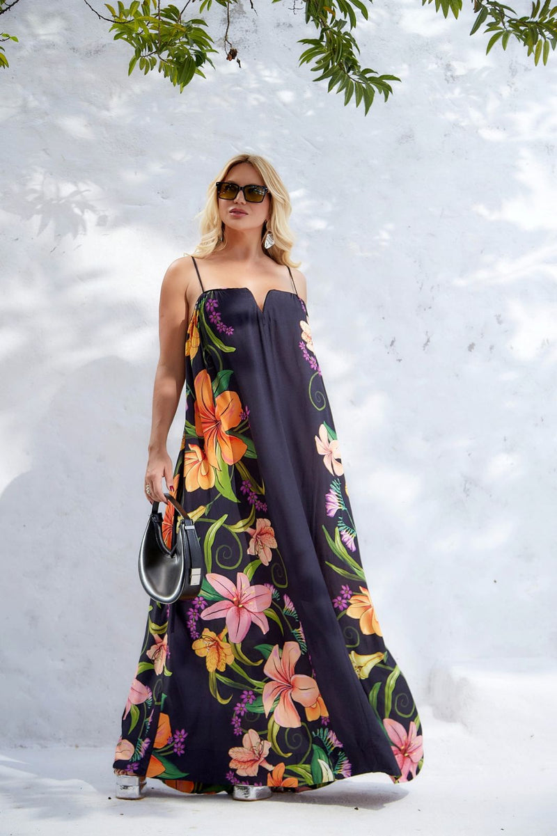 Vestido Longo Alça  Vestida  Em Flor