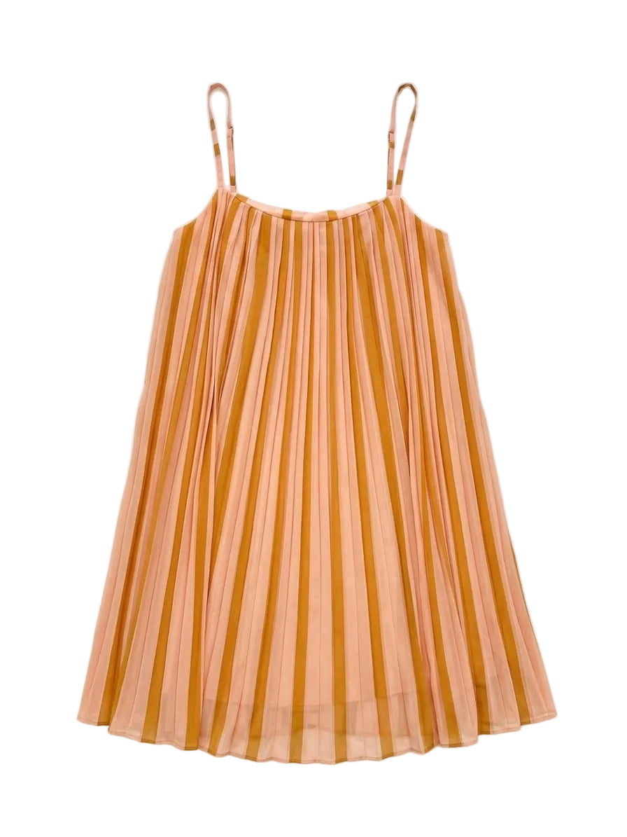 Vestido curto plissado listrado da Wanessa Lopez Concept, com detalhes em tecido leve e padrão de listras coloridas.