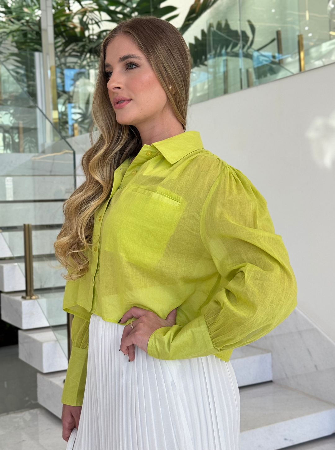 Camisa verde abacate da Animale, estilo Manteiga Lolla, com tecido leve e detalhes elegantes, para looks sofisticados.