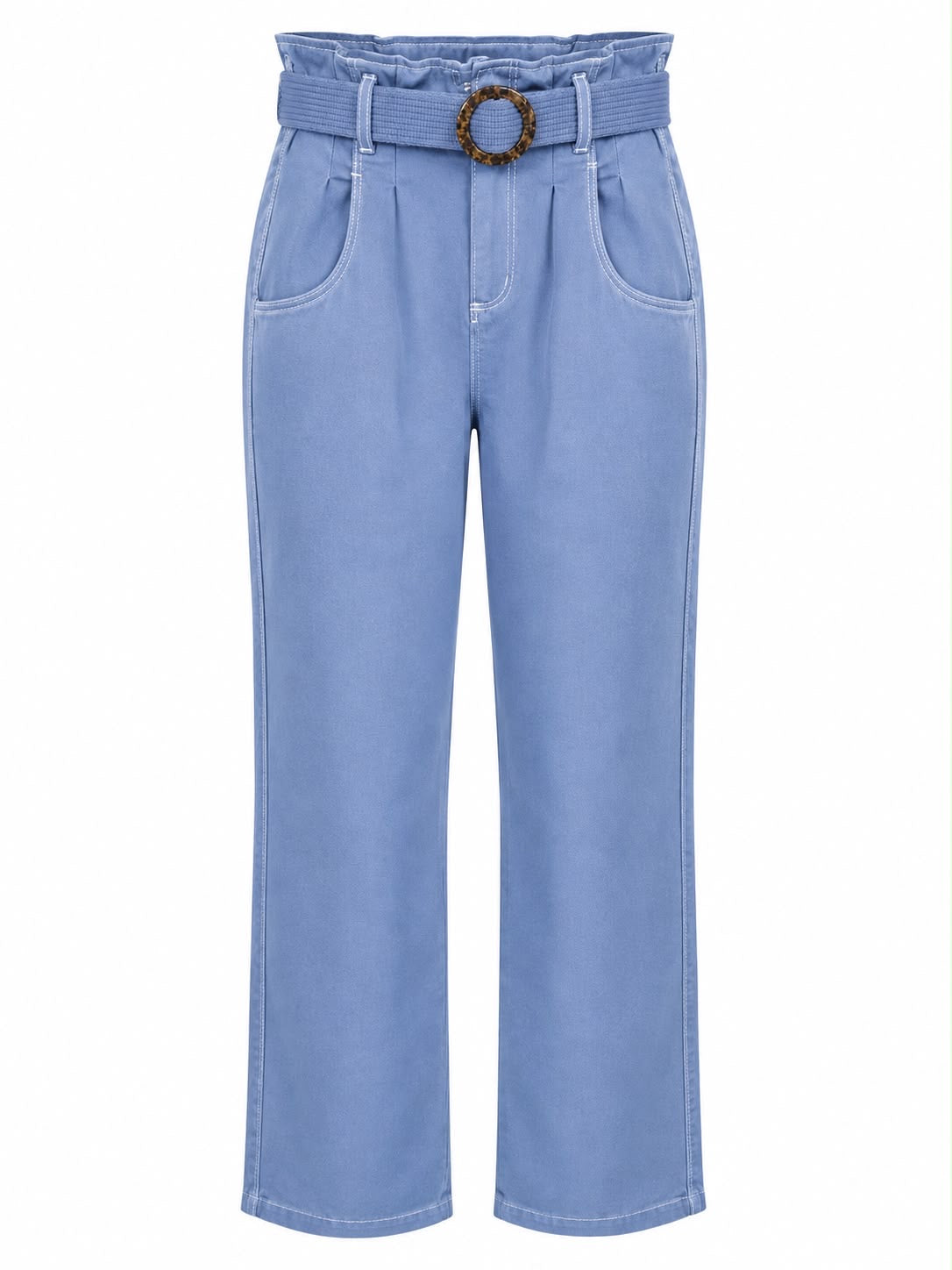 Calça Jeans com Cinto em Pedra detalhes Pesponto