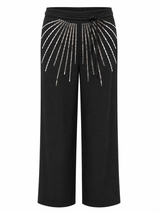Calça Alfaiataria Midi com Tiras em Strass