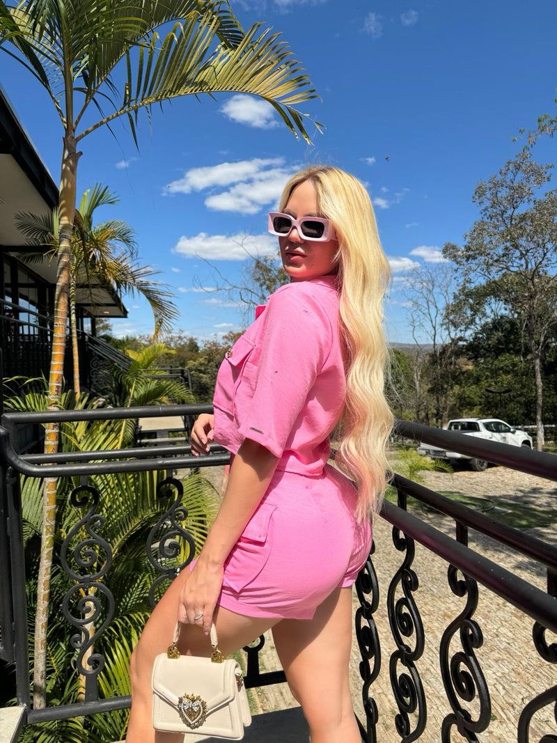 Camisa Cropped Manga Curta Rosa