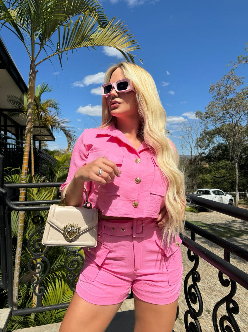 Camisa Cropped Manga Curta Rosa