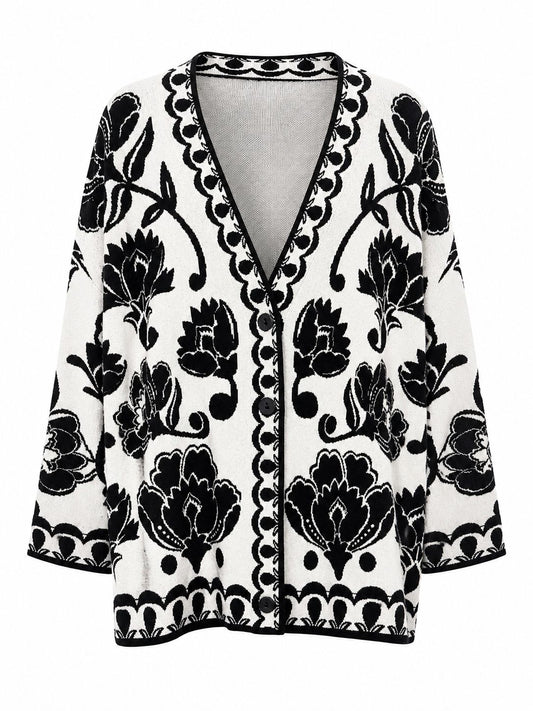 Cardigan Longo Tricot Floral Arabesque