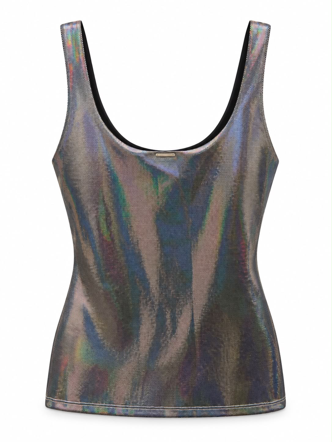 Blusa de alça Shine Lopz em tecido brilhante, vista frontal em fundo neutro