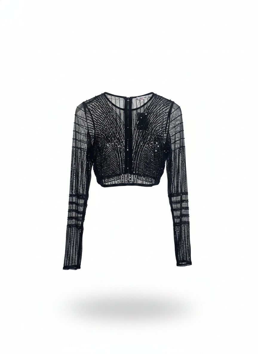Blusa de paetê com brilho da Wanessa Lopez Concept, mostrando detalhes do tecido e acabamento brilhante.