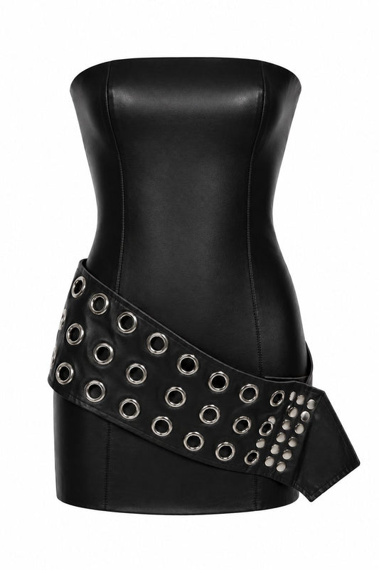 Vestido Couro Com Faixa Ilhós