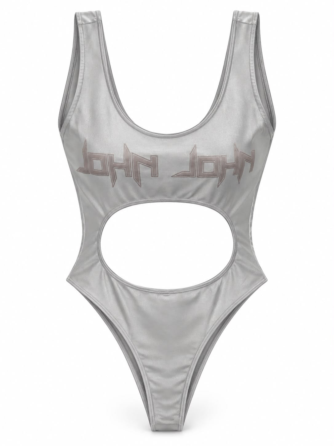 Body Excentric John John em tecido preto, com decote e detalhes assimétricos.