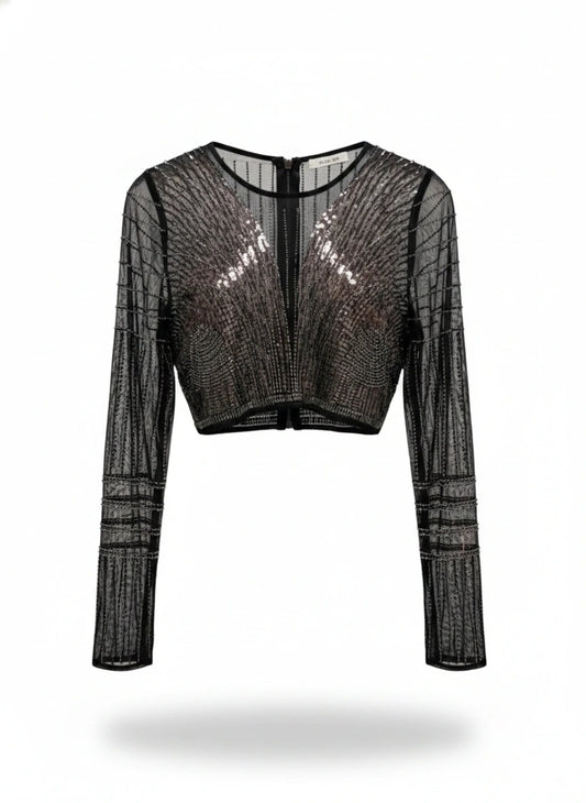 Blusa de paetê com brilho da Wanessa Lopez Concept, detalhes de tecido brilhante e estilo elegante, vista frontal.