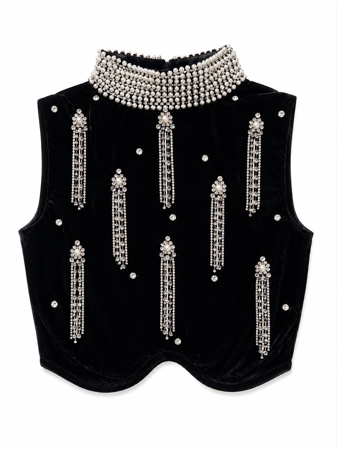 Cropped Veludo Bordado em Cristais Gola Alta