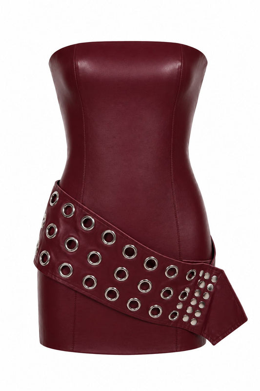 Vestido Couro Com Faixa Ilhós