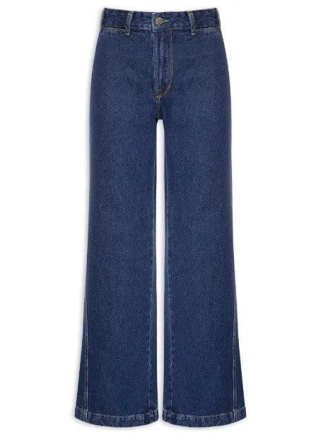 Calça jeans Farm com costura deslocada, modelo de cintura média, em detalhe na imagem.