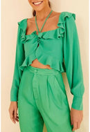 Cropped blouse with ruffled details and tie from FARM, featuring a colorful floral pattern and short sleeves.