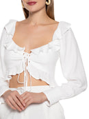 Cropped white blouse with ruffle details and tie from FARM, featuring a stylish and flowy design.