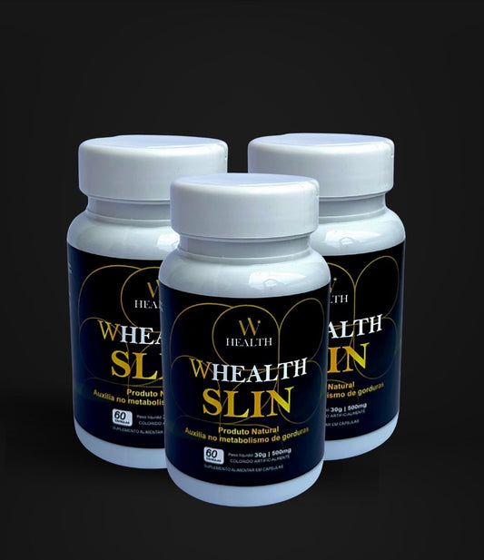 Whealth Slin x 3 da Lopz, suplemento em cápsulas com embalagem branca e rótulo azul, em fundo neutro.