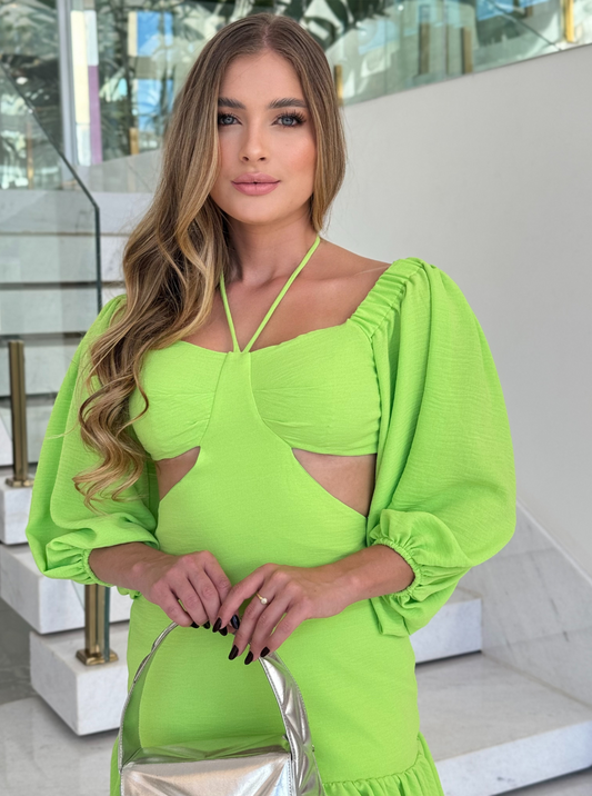 Vestido Florença Lima Lopz em verde com detalhes florais, modelo elegante e confortável para diversas ocasiões.