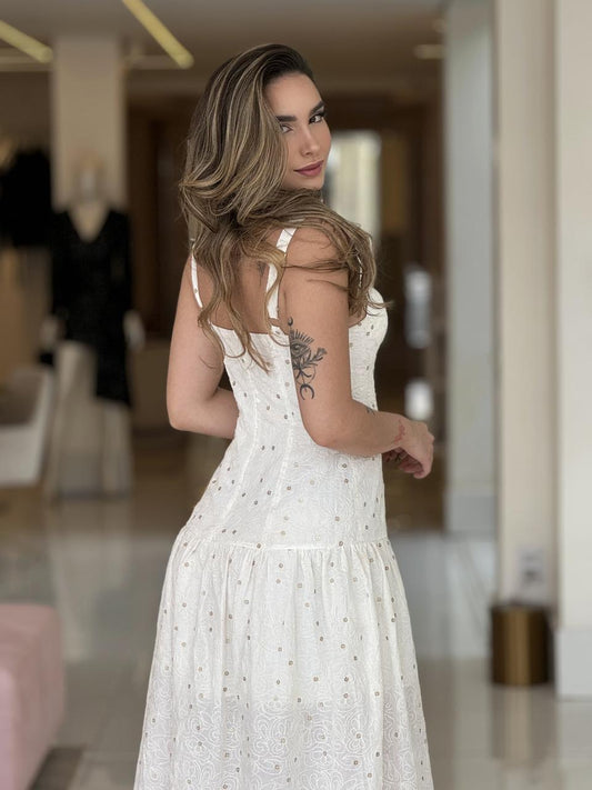 Vestido longo Laise bordada da Lopz com estampa floral, modelo feminino e elegante, ideal para ocasiões especiais.